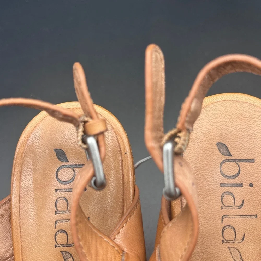 Biala Wedge Sandals Womens Tan Leather Woven Platform T-Strap Buckle Heel
